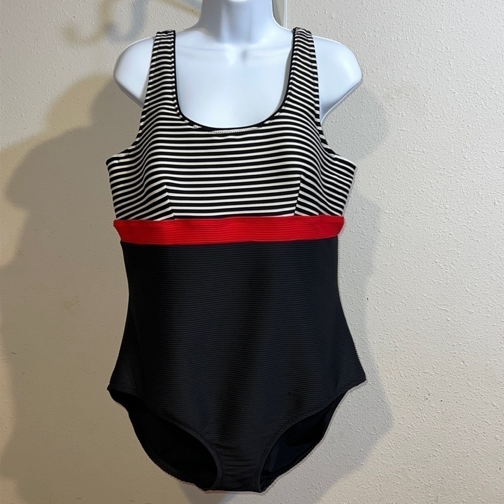Lands End Womens One Piece Swimsuit Stipped Nautical Size 18